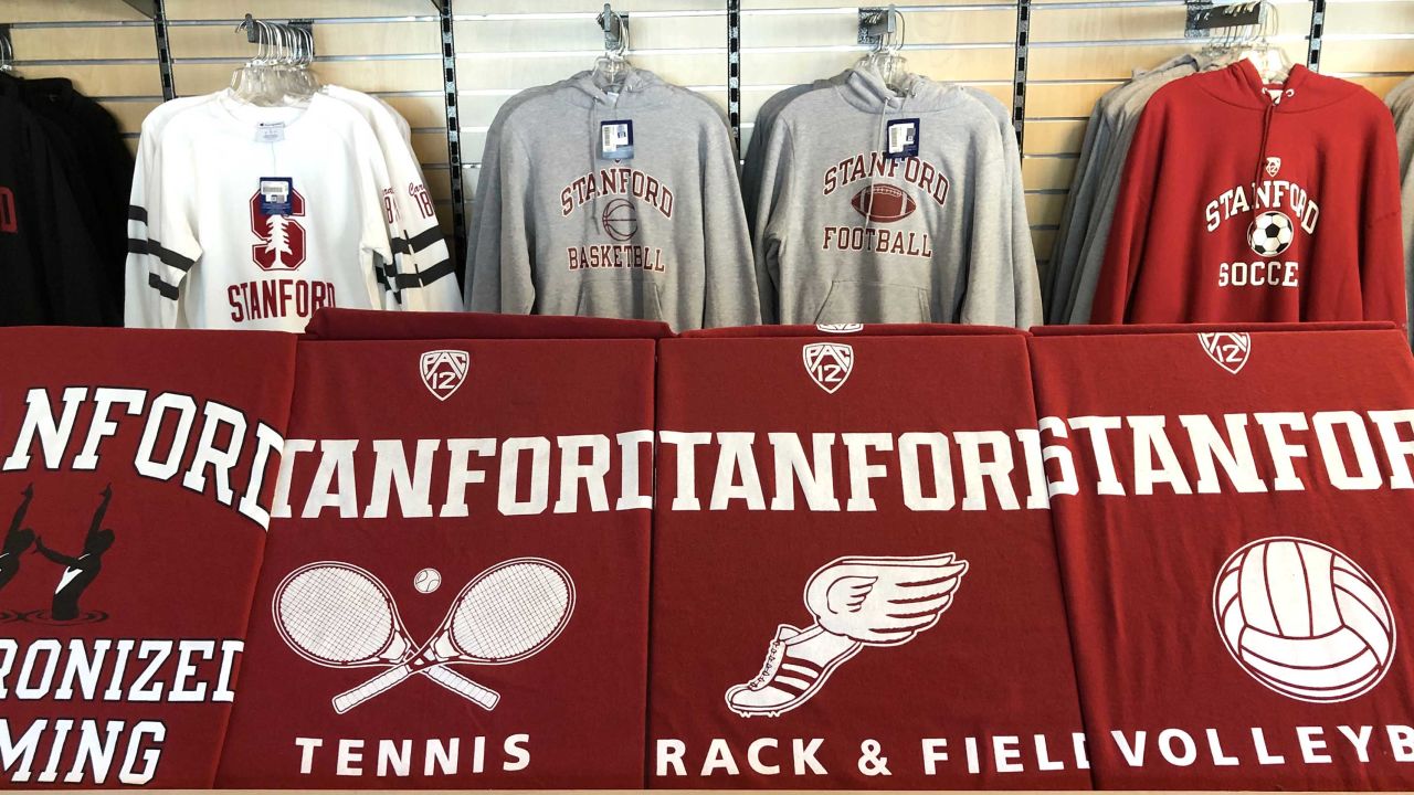 STANFORD, CALIFORNIA - MARCH 12: Shirts with the Stanford University logo are displayed at the Stanford Athletics Shop on March 12, 2019 in Stanford, California. More than 40 people, including actresses Lori Loughlin and Felicity Huffman, have been charged in a widespread elite college admission bribery scheme. Parents, ACT and SAT administrators and coaches at universities including Stanford, Georgetown, Yale, and the University of Southern California have been charged. (Photo by Justin Sullivan/Getty Images)