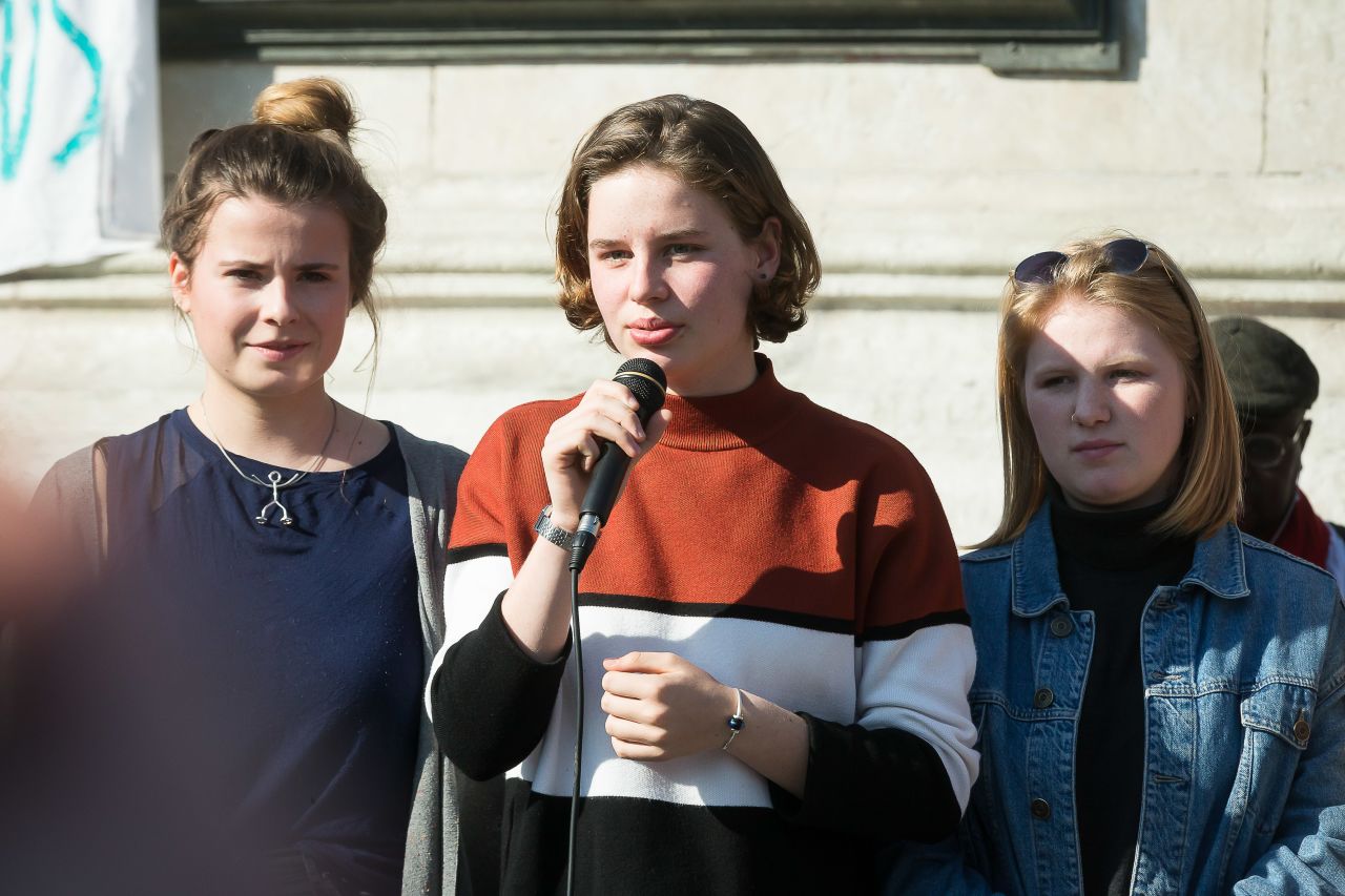 France: Climate activists Anuna De Wever and Kyra Gantois address the crowd at a protest in Paris on February 22, 2019.