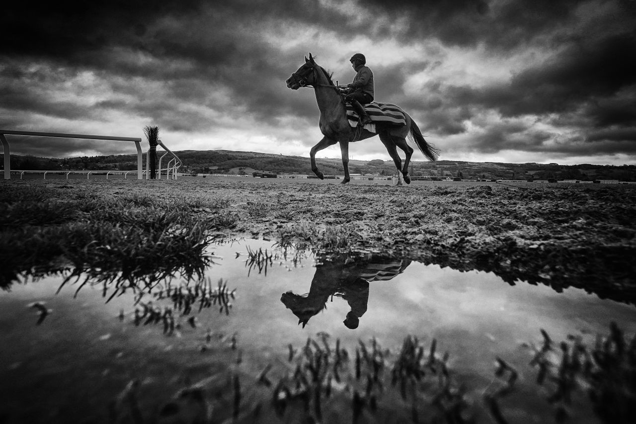 Rain sits in puddles on the all-weather surface of the Cheltenham gallops ahead of the Festival. (Digital filters were used in this image)