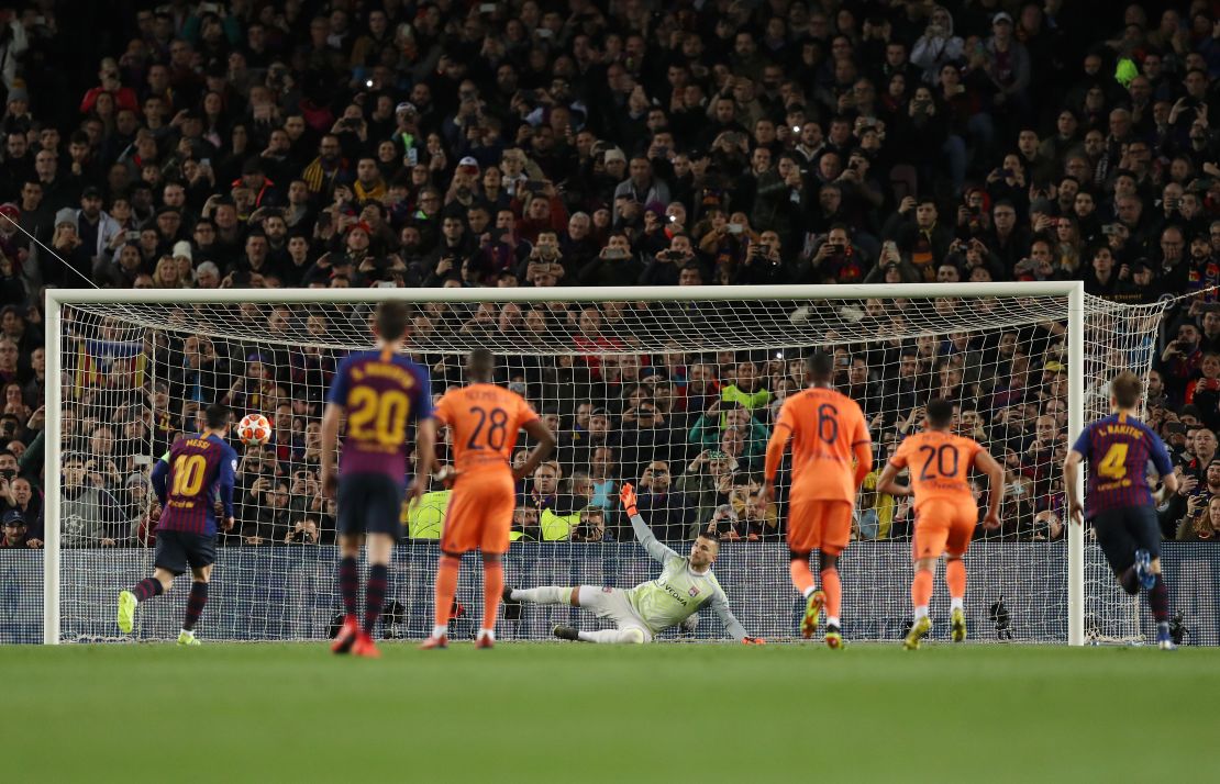 Messi scored from the penalty spot to give his side the lead against Lyon.