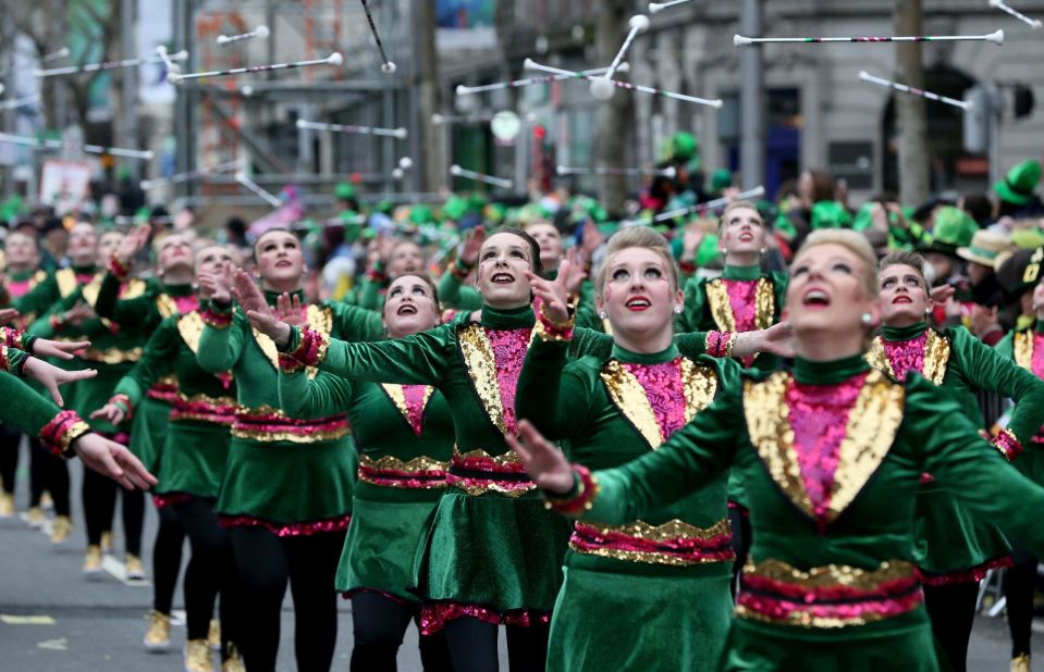 <strong>Dublin:</strong> Baton-tossing performers take part in the 2018 parade.