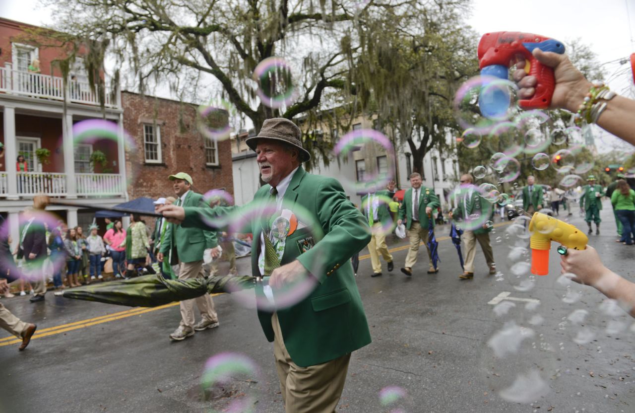 <strong>Savannah, Georgia:</strong> Bubbles fly during Savannah's 2014 parade. Festivities draw hundreds of thousands of people to this historic river city of 146,000.