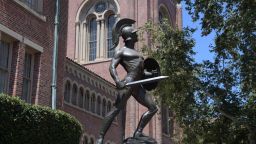 A view of the Tommy Trojan statue aka Trojan Shrine on the campus of the University of Southern California in Los Angeles, Wednesday, Aug. 15, 2018. (Kirby Lee via AP)