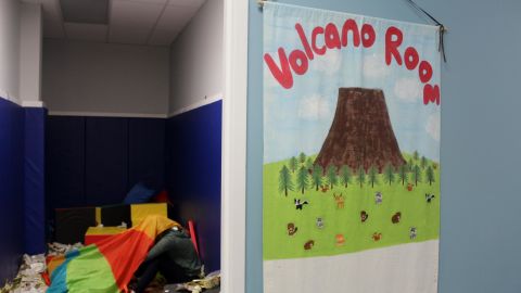 The center's volcano room lets kids express their emotions.