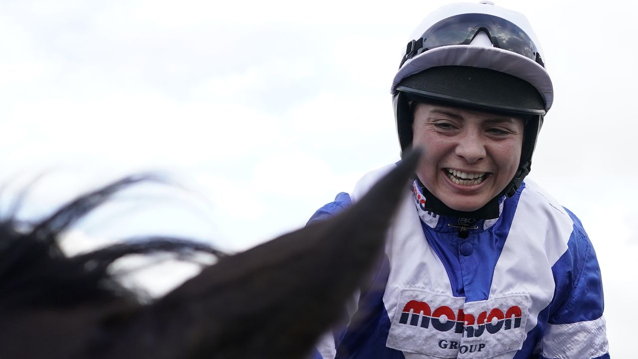 Bryony Frost celebrates becoming the first Grade 1 winner at the Cheltenham Festival. 