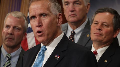 Sen. Thom Tillis, center, and other Republican senators hold a news conference in July 2017.