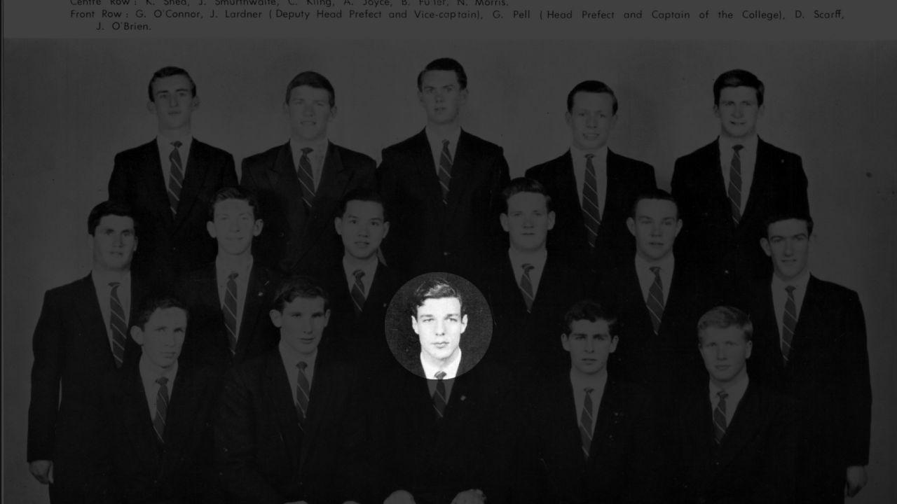 A photo from the 1959 St Patrick's College year book, showing then-head prefect George Pell sitting in the center.