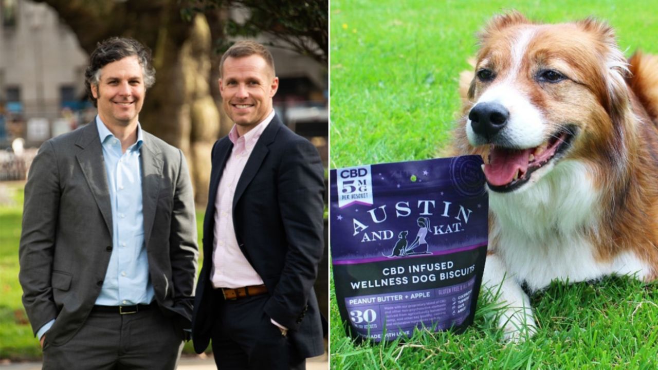[From left to right] Tim Moxey and Chris Abbott of BotanicaSeattle. A dog poses with Austin & Kat CBD biscuits. 
