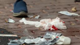  Bloodied bandages on the road following a shooting resulting in multiply fatalies and injuries at the Masjid Al Noor on Deans Avenue in Christchurch, New Zealand, Friday 15 March.