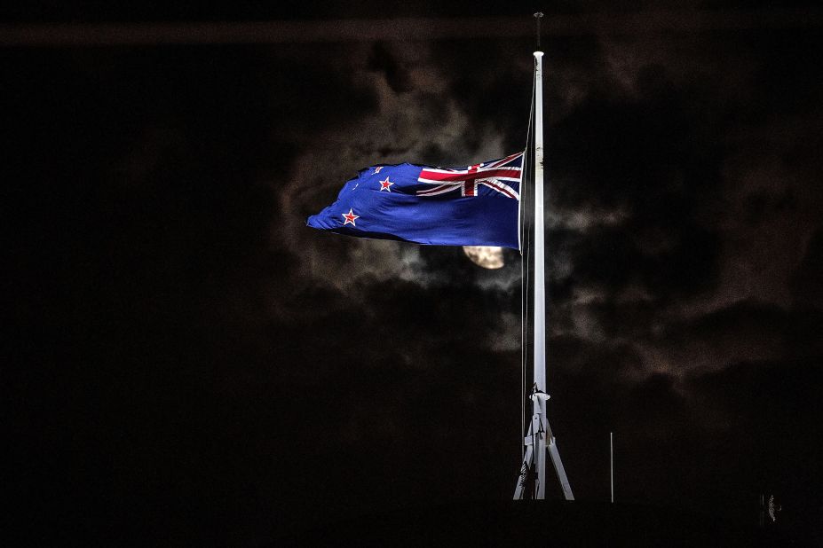 New Zealand's national flag is flown at half-staff on a Parliament building in the capital, Wellington, on March 15.