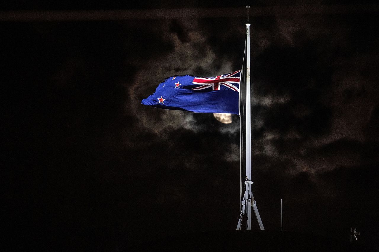New Zealand's national flag is flown at half-staff on a Parliament building in the capital, Wellington, on March 15.