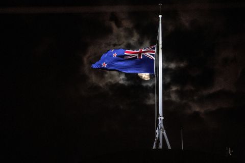 New Zealand's national flag is flown at half-staff on a Parliament building in the capital, Wellington, on March 15.