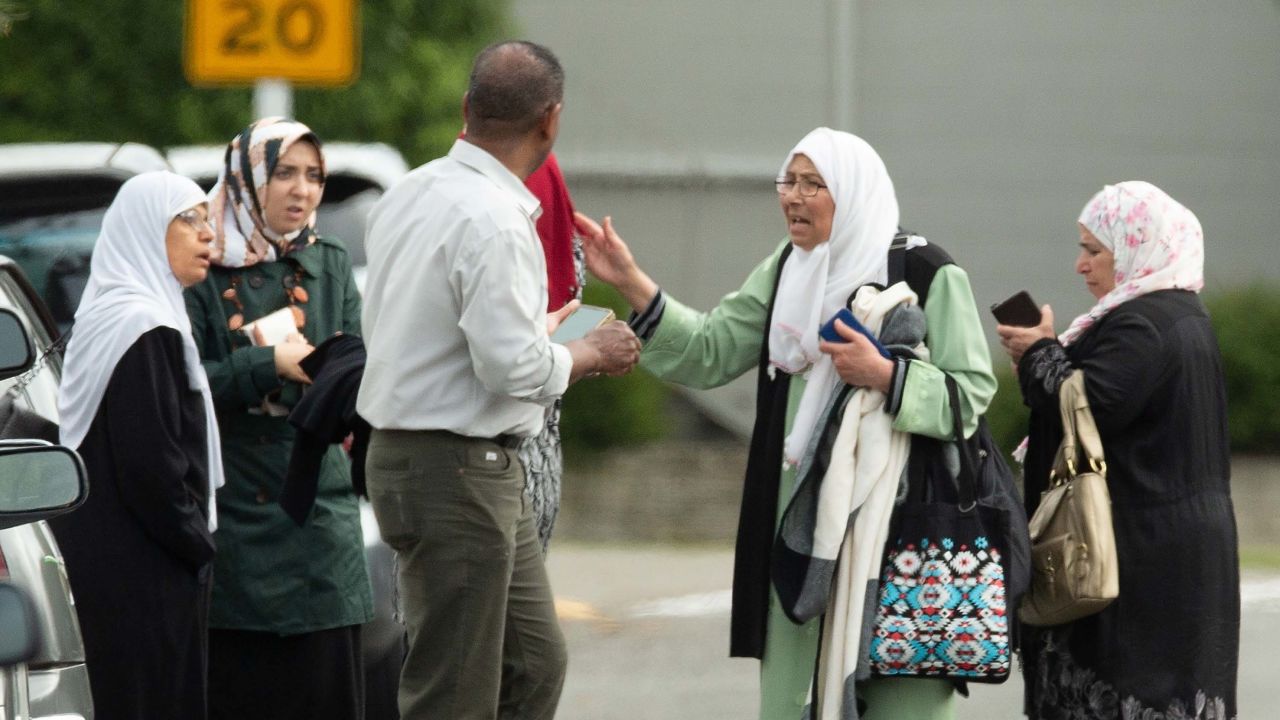 Family members after a shooting at the Al Noor mosque in Christchurch.