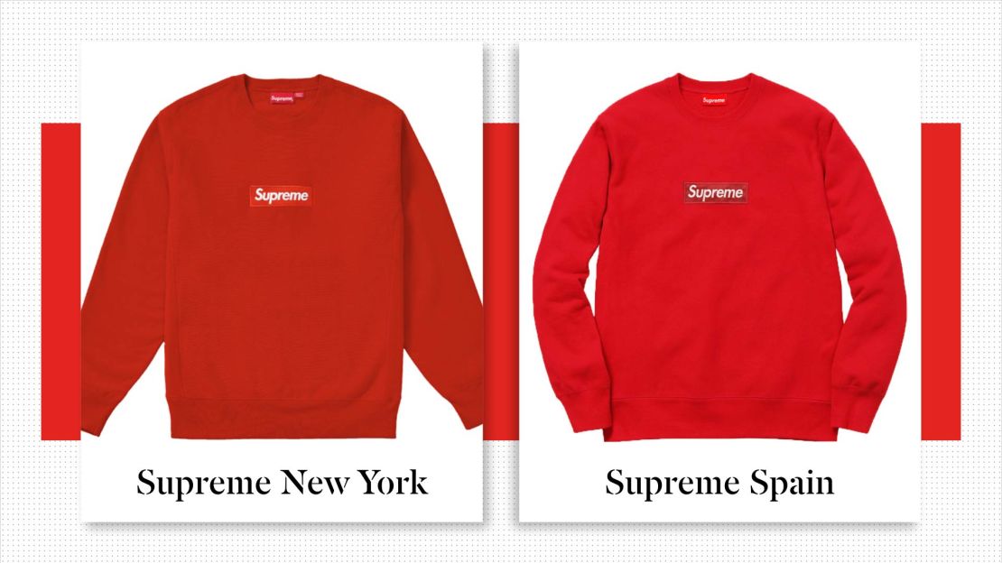 Left: a Supreme New York hoodie from online reseller StockX. Right: a hoodie for sale on Supreme Spain's website.