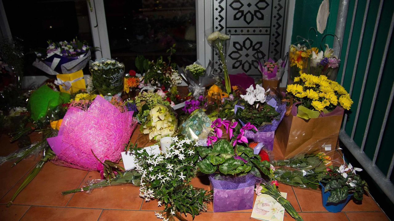 Flowers are placed on the front steps of the Wellington mosque. 