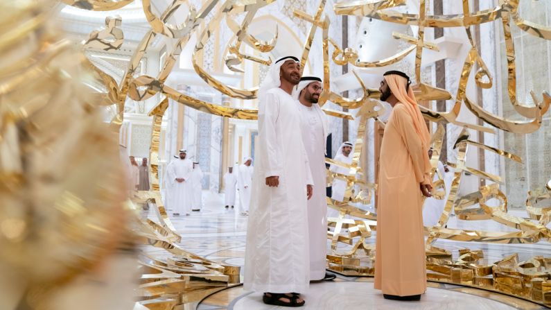 <strong>Grand opening:</strong> Sheikh Mohammed bin Rashid Al Maktoum, pictured with Sheikh Mohammed bin Zayed Al Nahyan and Mohamed Khalifa Al Mubarak, described Qasr Al Watan as a symbol of the UAE's progressive journey during its inauguration ceremony.