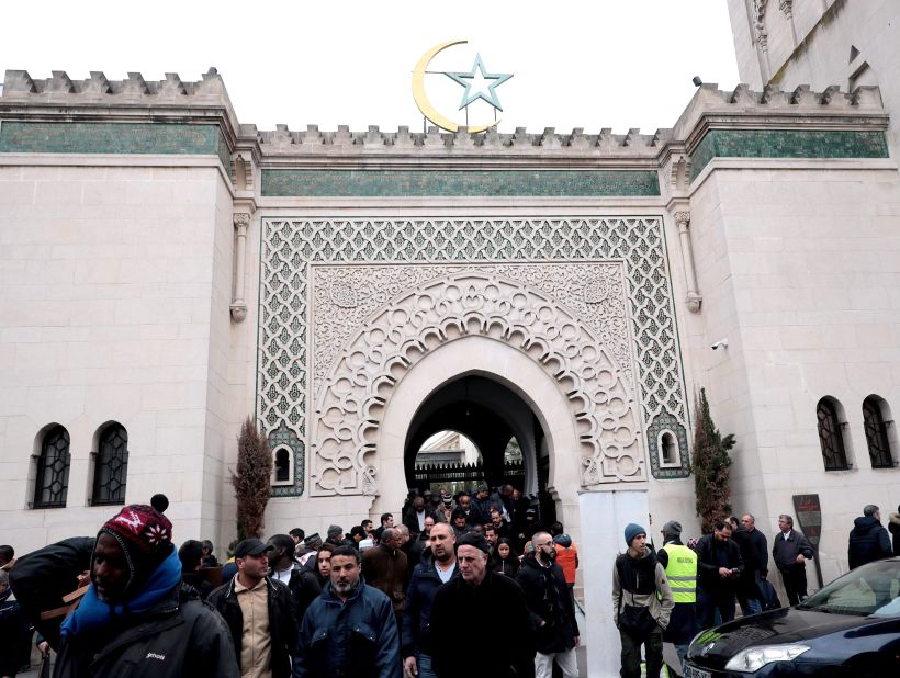 Worshippers leave the Great Mosque of Paris after Friday prayers.