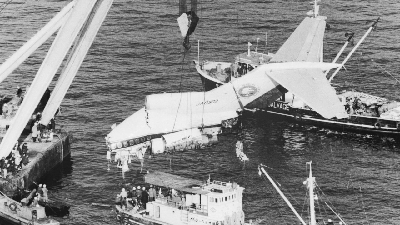 Tail section of the All Nippon Airways Boeing 727 jetliner, which crashed in Tokyo Bay with 133 persons aboard in 1966.