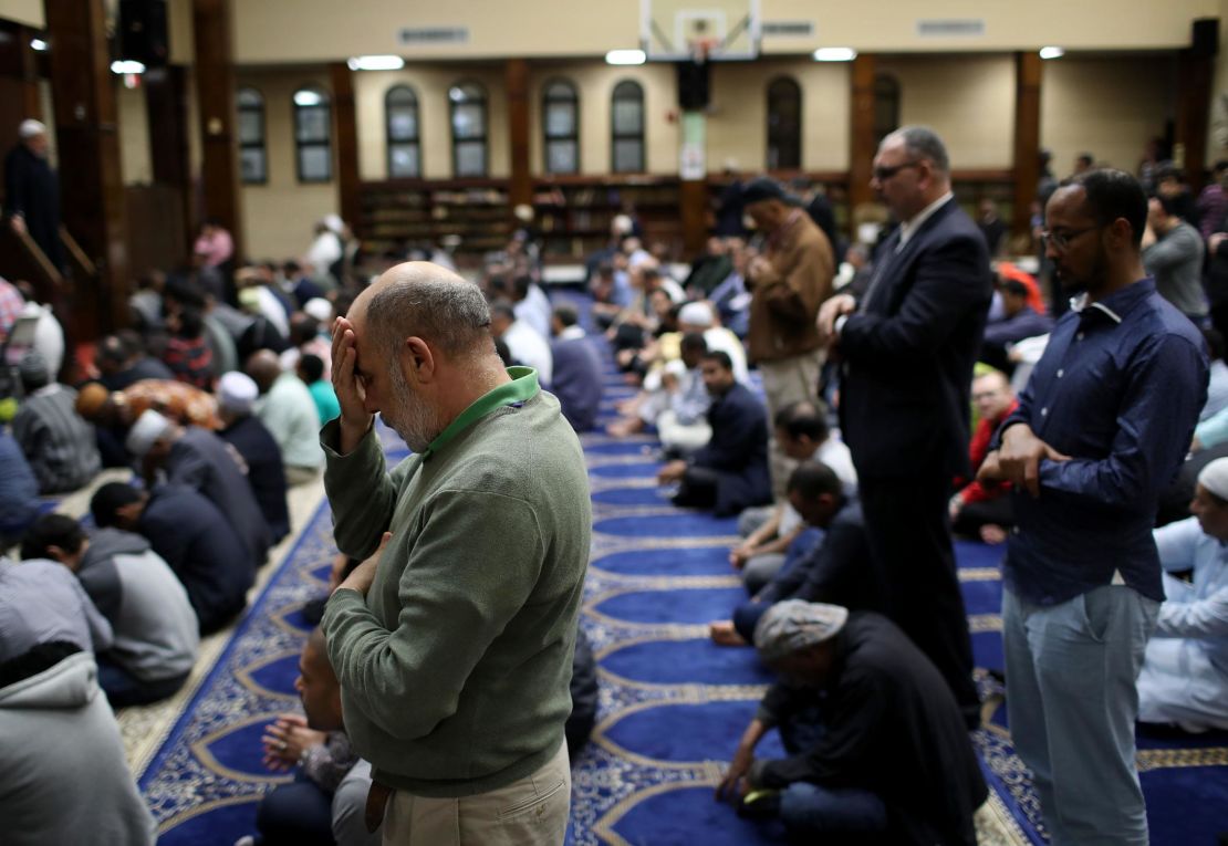 Muslim Americans take part in Friday prayers at the Dar Al Hijrah Islamic  in Falls Church, Virginia.