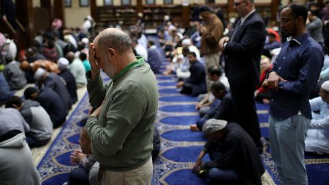 Muslim Americans take part in Friday prayers at the Dar Al Hijrah Islamic in Falls Church, Virginia.