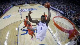 CHARLOTTE, NORTH CAROLINA - MARCH 14: Zion Williamson #1 of the Duke Blue Devils dunks the ball against the Syracuse Orange during their game in the quarterfinal round of the 2019 Men's ACC Basketball Tournament at Spectrum Center on March 14, 2019 in Charlotte, North Carolina. (Photo by Streeter Lecka/Getty Images)