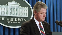 President Bill Clinton pauses in the White House briefing room in Washington on April 21, 1995, while talking about the bombing in Oklahoma City. The president said he was proud of the swift work that led to an arrest in the bombing. (AP Photo/Marcy Nighswander)