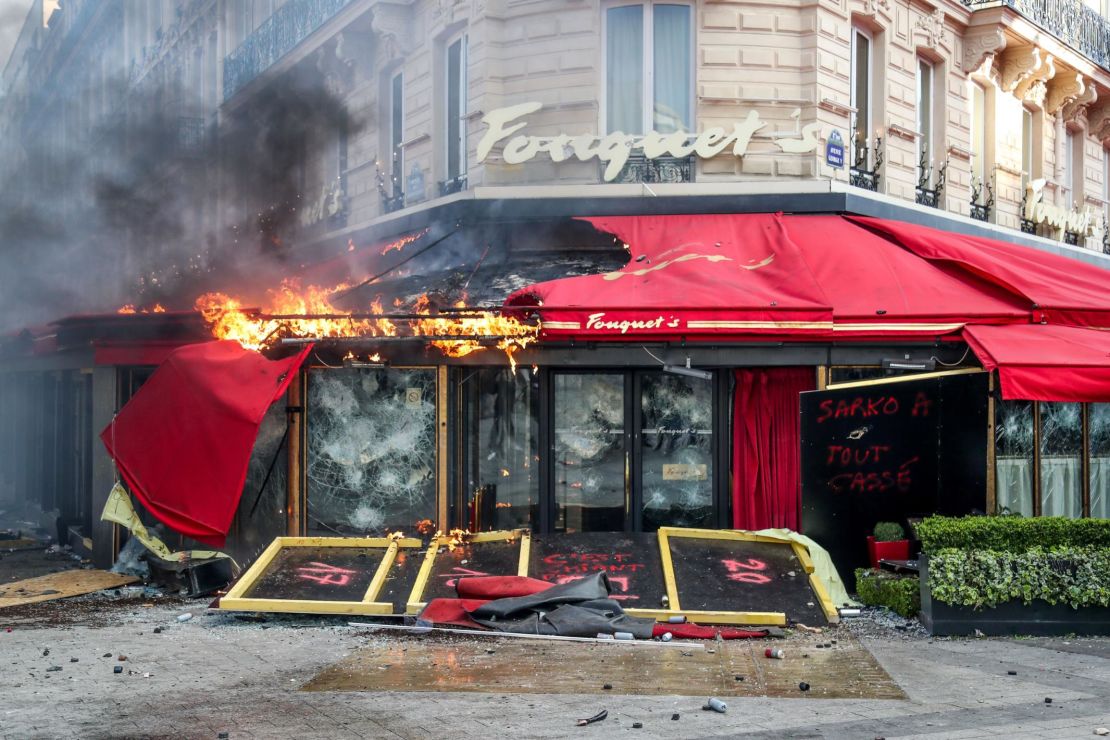 Fouquet's restaurant on the Champs-Élysées in Paris was heavily damaged in the yellow vest protests Saturday.
