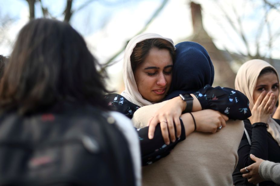 Nayab Khan, 22, cries at a vigil to mourn the victims of the Christchurch mosque attacks in New Zealand, at the University of Pennsylvania in Philadelphia on Friday, March 15.