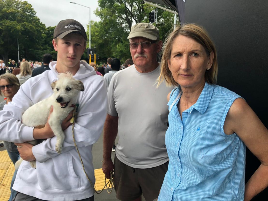 Christchurch resident Sue Harrison heard the gunshots from her house, near to the Al Noor mosque, and called the police. Her son Zin (right) called her to check she was alright.