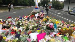Tributes laid at the police line close to the Al Noor mosque in Christchurch where 41 people died.