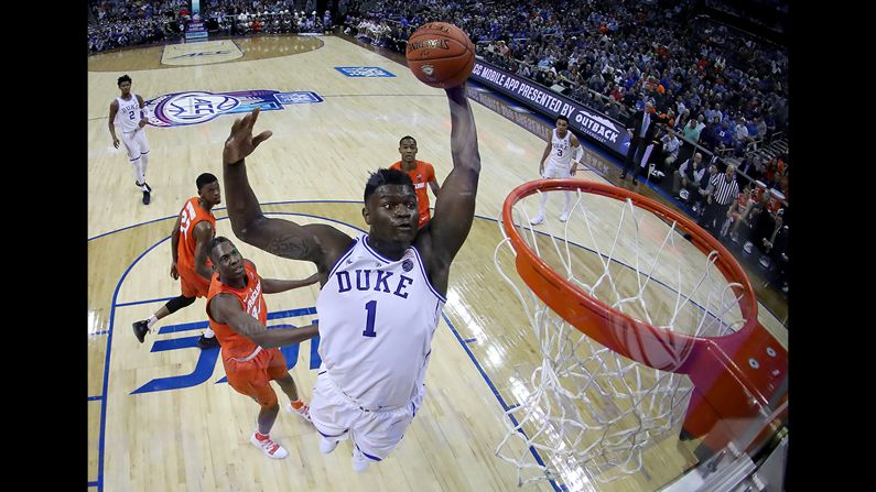 Zion Williamson of the Duke Blue Devils dunks the ball against the Syracuse Orange during their game in the quarterfinal round of the 2019 Men's ACC Basketball Tournament at Spectrum Center in Charlotte, North Carolina, on Thursday, March 14.