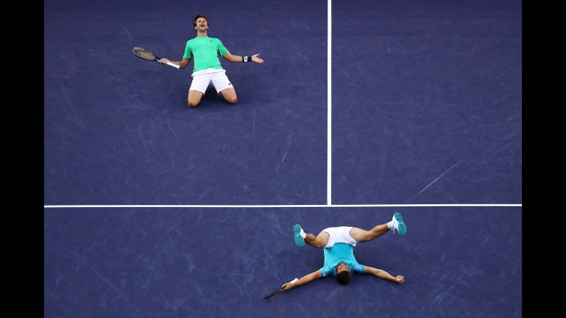 Nikola Mektic of Croatia and Horacio Zeballos of Argentina celebrate their men's doubles final match victory against Lukasz Kubot of Poland and Marcelo Melo of Brazil on Day 13 of the BNP Paribas Open in Indian Wells, California, on Saturday, March 16.