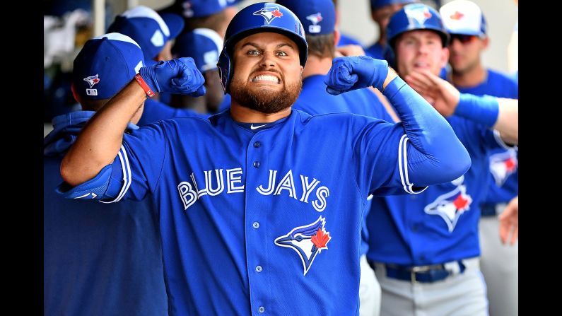 Toronto Blue Jays first baseman Rowdy Tellez celebrates after his two run home run in the first inning of the spring training game against the Minnesota Twins at CenturyLink Sports Complex in Fort Myers, Florida, on Sunday, March 10.