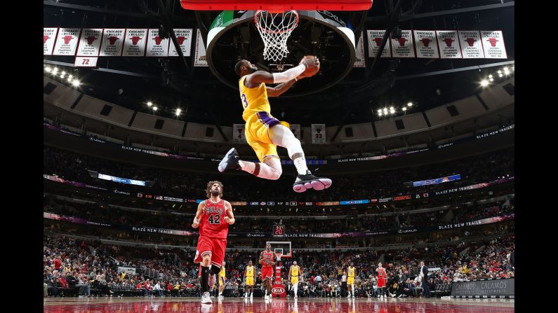 LeBron James of the Los Angeles Lakers dunks the ball against the Chicago Bulls at the United Center in Chicago on Tuesday, March 12.