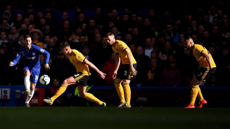Eden Hazard of Chelsea plays the ball during the Premier League match between Chelsea FC and Wolverhampton Wanderers at Stamford Bridge in London on Sunday, March 10.