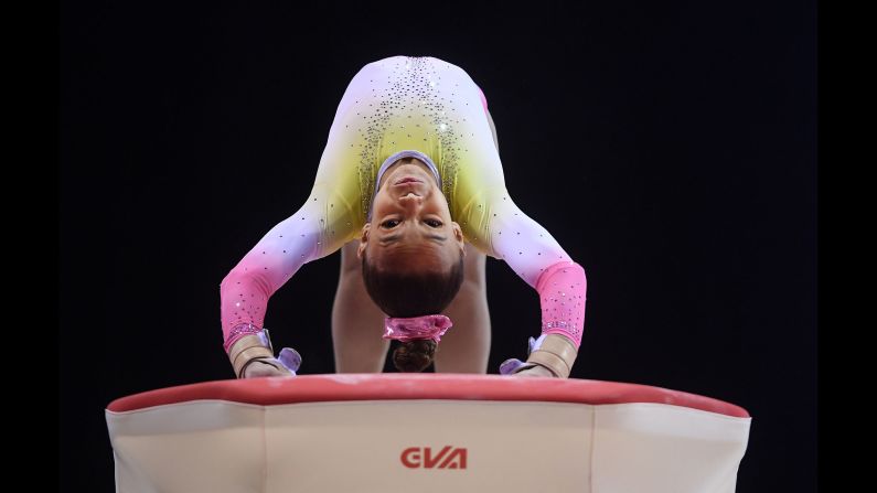 Tilly Wright of Robin Hood Gymnastics competes on the vault during day one of the 2019 Gymnastics British Championships at Echo Arena in Liverpool, England, on Thursday, March 14.