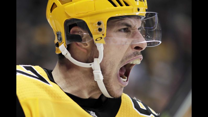 The Pittsburgh Penguins' Sidney Crosby celebrates his second goal of the second period during an NHL hockey game against the Washington Capitals in Pittsburgh on Tuesday, March 12.