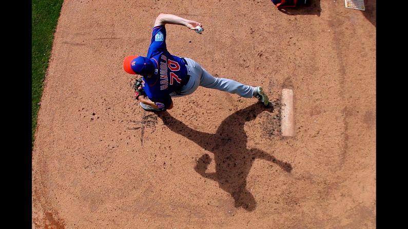 Pitcher Eric Hanhold of the New York Mets warms up in the bullpen during a spring training baseball game against the Houston Astros at Fitteam Ballpark of the Palm Beaches in West Palm Beach, Florida, on Monday, March 11.