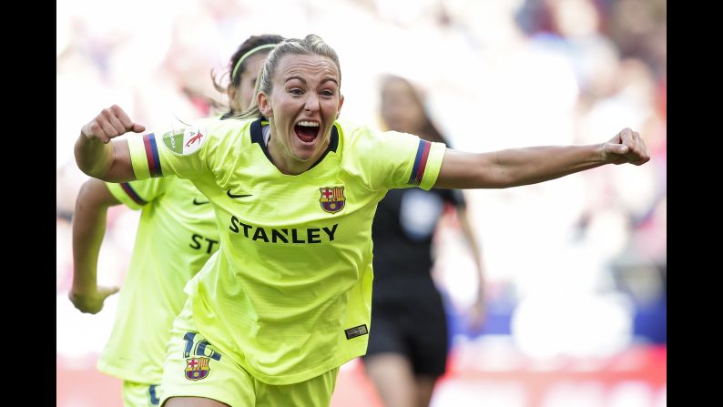 Toni Duggan of FC Barcelona celebrates during the historic match between Atletico Madrid Women v FC Barcelona Women at the Estadio Wanda Metropolitano in Madrid on Saturday, March 17. The women's club match broke a world record with 60,739 spectators in attendance to watch the game.