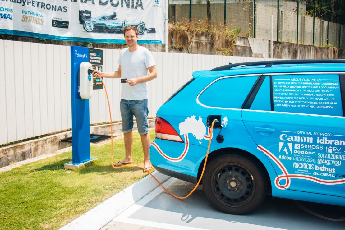 Wakker has relied on all manner of people and ways to charge his car around the globe.