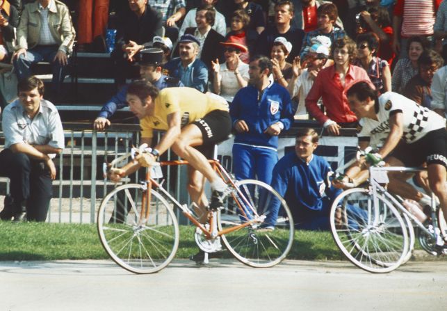 Merckx (yellow jersey) won the last of his record five Tour de France wins in 1974, seen her racing in the velodrome municipal in Vincennes on his way to victory.  