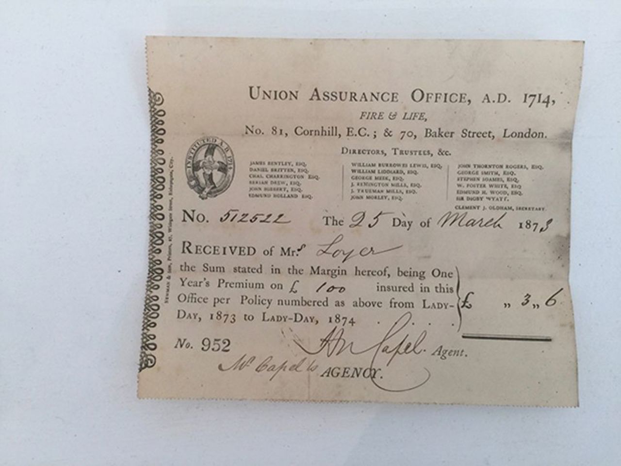 Insurance policies belonging to Vincent van Gogh's landlady, Ursula Loyer.
