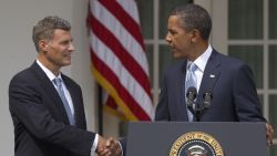 President Barack Obama shakes hands with Alan Krueger after announcing his choice of Krueger to become chairman of the Council of Economic Advisers, Monday, Aug. 29, 2011, in the Rose Garden of the White House in Washington. (AP Photo/Carolyn Kaster)
