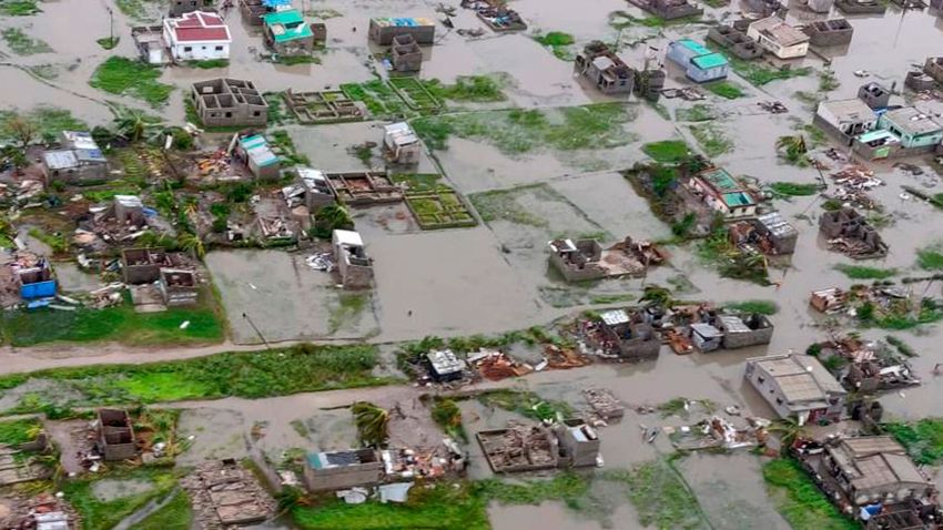 This image made available by International Federation of Red Cross and Red Crescent Societies (IFRC) on Monday March 18, 2019, shows an aerial view from a helicopter of flooding in Beira, Mozambique. The Red Cross says that as much as 90 percent of Mozambique's central port city of Beira has been damaged or destroyed by tropical Cyclone Idai.