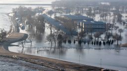 An aerial view of the flooding at the Camp Ashland, Nebraska on March 17, 2019. The levee to the north of the camp broke and water from the swollen Platte River poured thousands of gallons of water into the low-lying area trapping vehicles on the high ground and damaging buildings. Nebraska has experienced its worst flooding ever; displacing hundreds of people and causing millions of dollars in damages to homes, farmland, and cities.