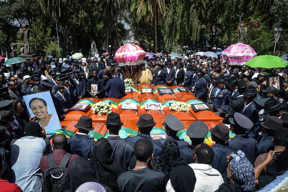 Coffins of victims of the Ethiopian Airlines crash are gathered during a mass funeral at Holy Trinity Cathedral in Addis Ababa, Ethiopia, on March 17. The crash has resulted in the worldwide grounding of the Boeing 737 MAX 8 aircraft model involved in the disaster.