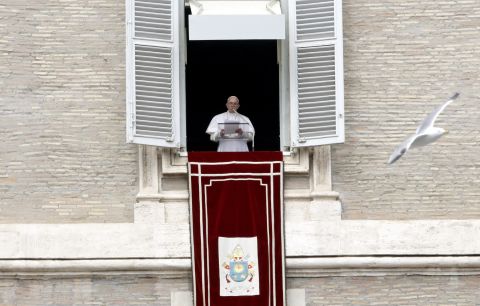 Pope Francis reads his message during the Angelus noon prayer from the window of his studio overlooking St. Peter's Square at the Vatican, Sunday, March 17. Francis has offered prayers for "our Muslim brothers" killed in the attack against two mosques in Christchurch, New Zealand.