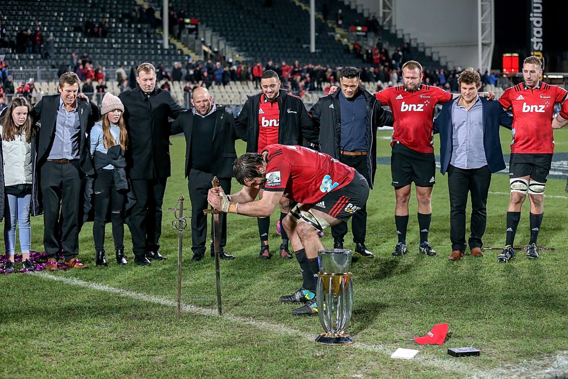 Crusaders' captain Sam Whitelock celebrates last year's Super Rugby final victory over the Lions.