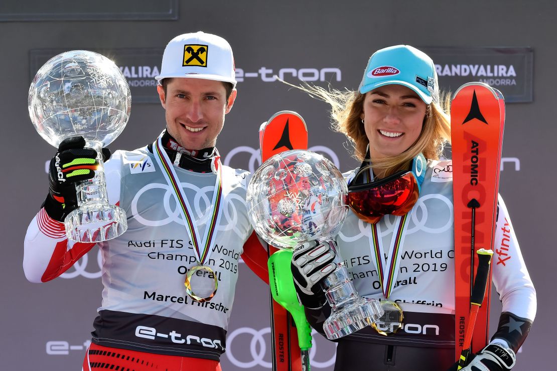 Marcel Hirscher (left) and Mikaela Shiffrin won the men's and women's World Cup overall titles for 2019.