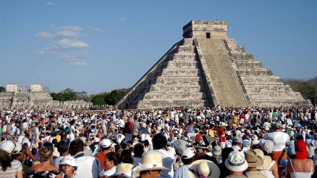 Thousands surround the Kukulkan pyramid at the Chichen Itza archaeological site during the celebration of the spring equinox.